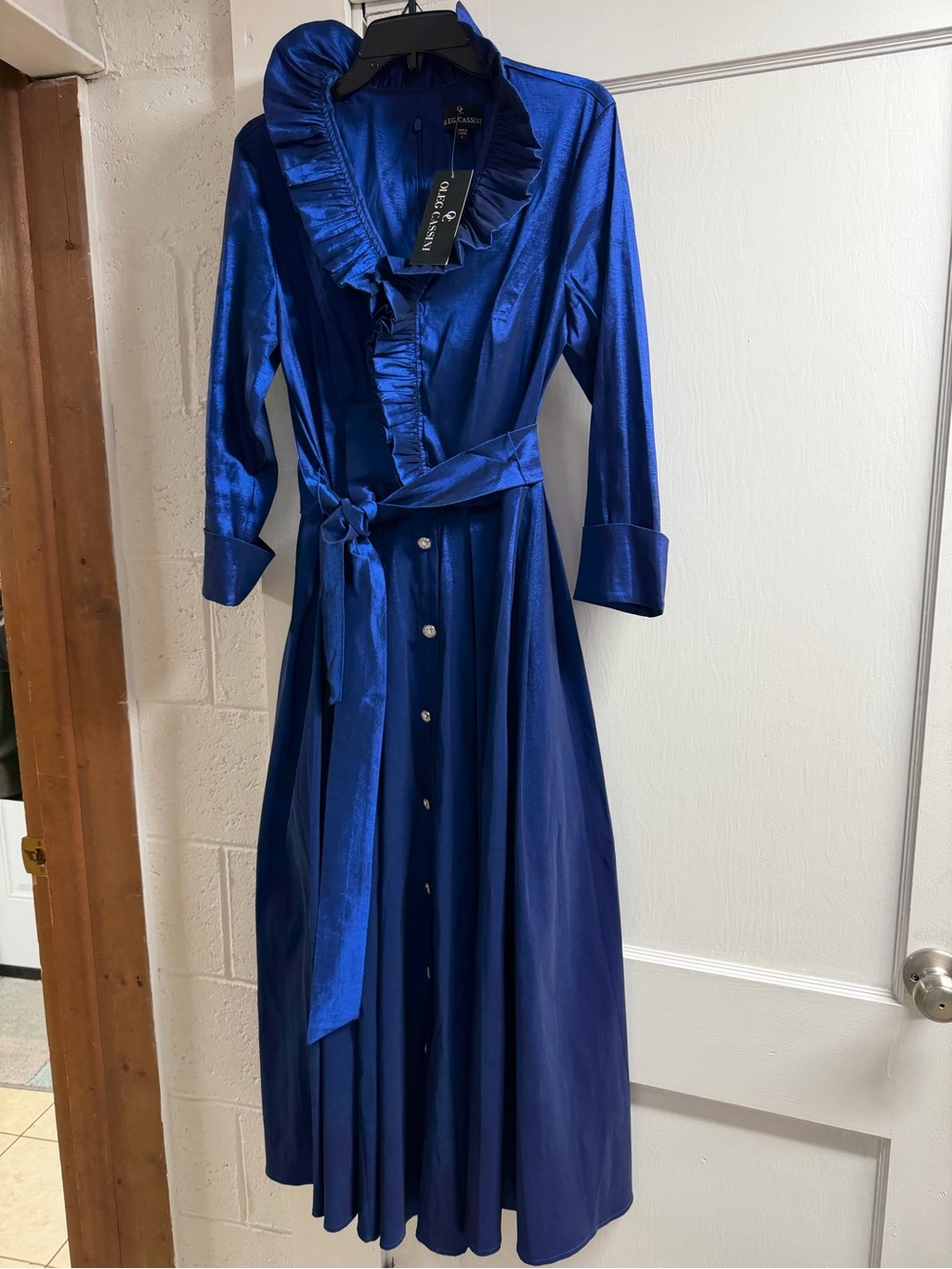Oleg Cassini Shiny Royal Blue Ruffle-Trim Maxi Shirt Dress